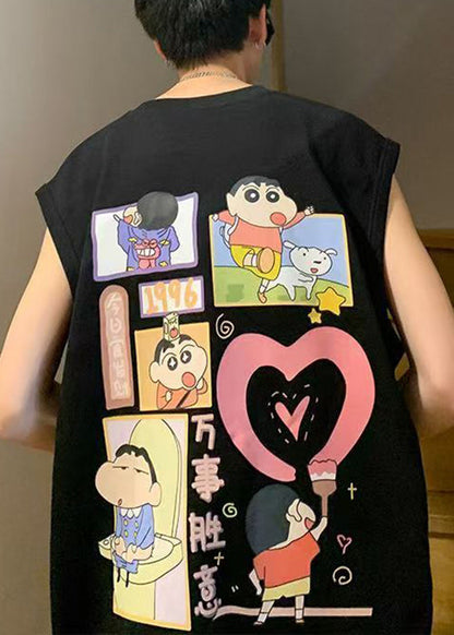 Débardeurs Homme Cool Coton Col Noir Été Imprimé Surdimensionné O