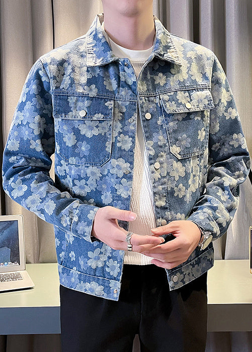 Cool Blue Button Print Pockets Denim Men Coat Fall WA020