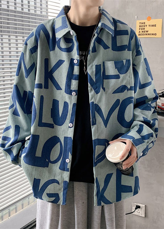 Cooles blaues Cordhemd mit Peter-Pan-Kragen und Grafik für Herren, Herbst RO004