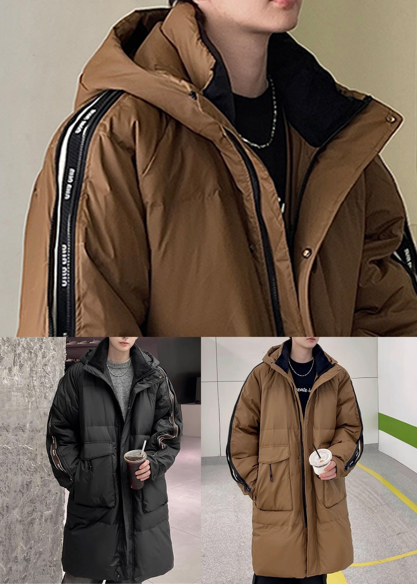 Coole Karamell-Daunenjacke mit Reißverschluss und Aufdruck für Herren, Winter, RJ018