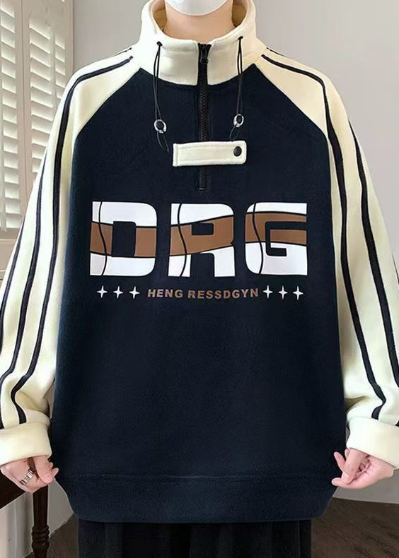 Sweat-shirt bleu marine à col montant et fermeture éclair en coton patchwork pour homme, automne EQ015