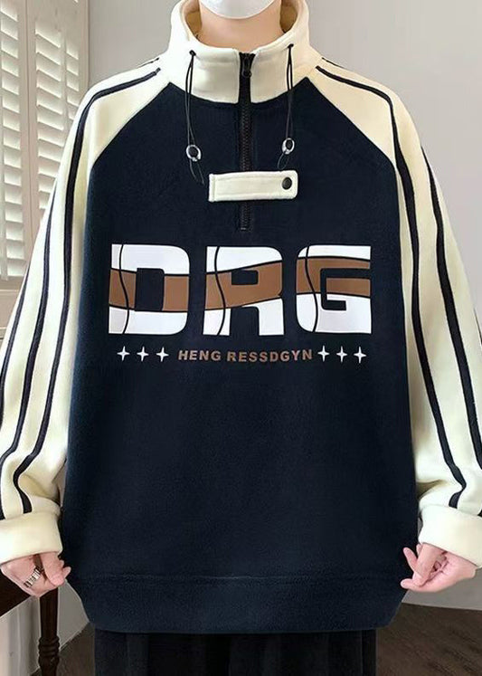 Sweat-shirt bleu marine à col montant et fermeture éclair en coton patchwork pour homme, automne EQ015