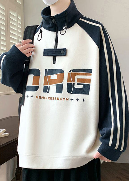 Sweat-shirt bleu marine à col montant et fermeture éclair en coton patchwork pour homme, automne EQ015