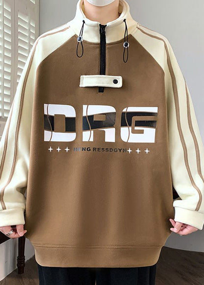 Sweat-shirt bleu marine à col montant et fermeture éclair en coton patchwork pour homme, automne EQ015