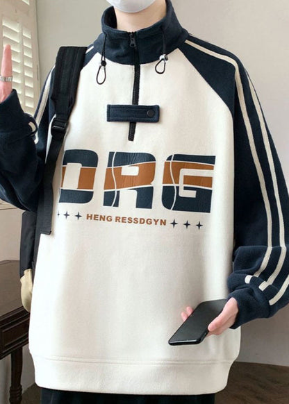 Sweat-shirt bleu marine à col montant et fermeture éclair en coton patchwork pour homme, automne EQ015