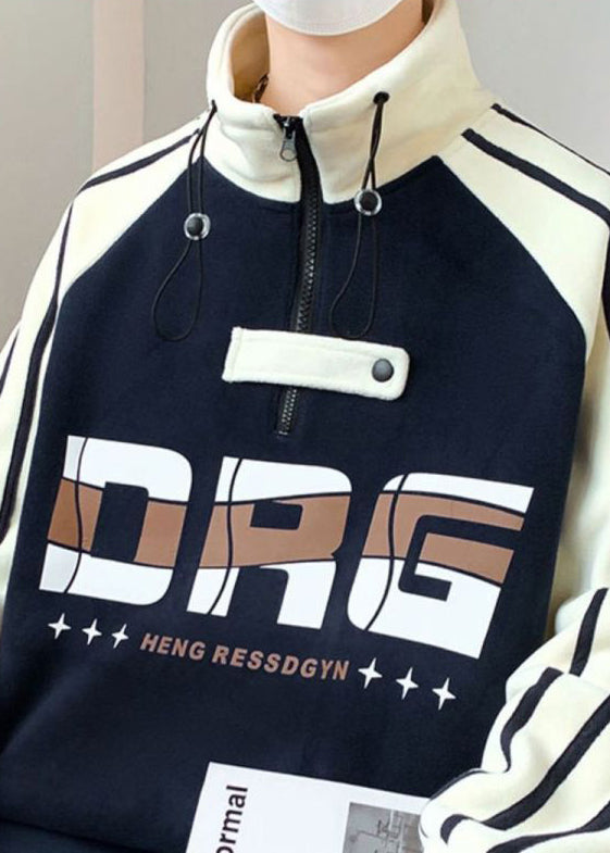 Sweat-shirt bleu marine à col montant et fermeture éclair en coton patchwork pour homme, automne EQ015