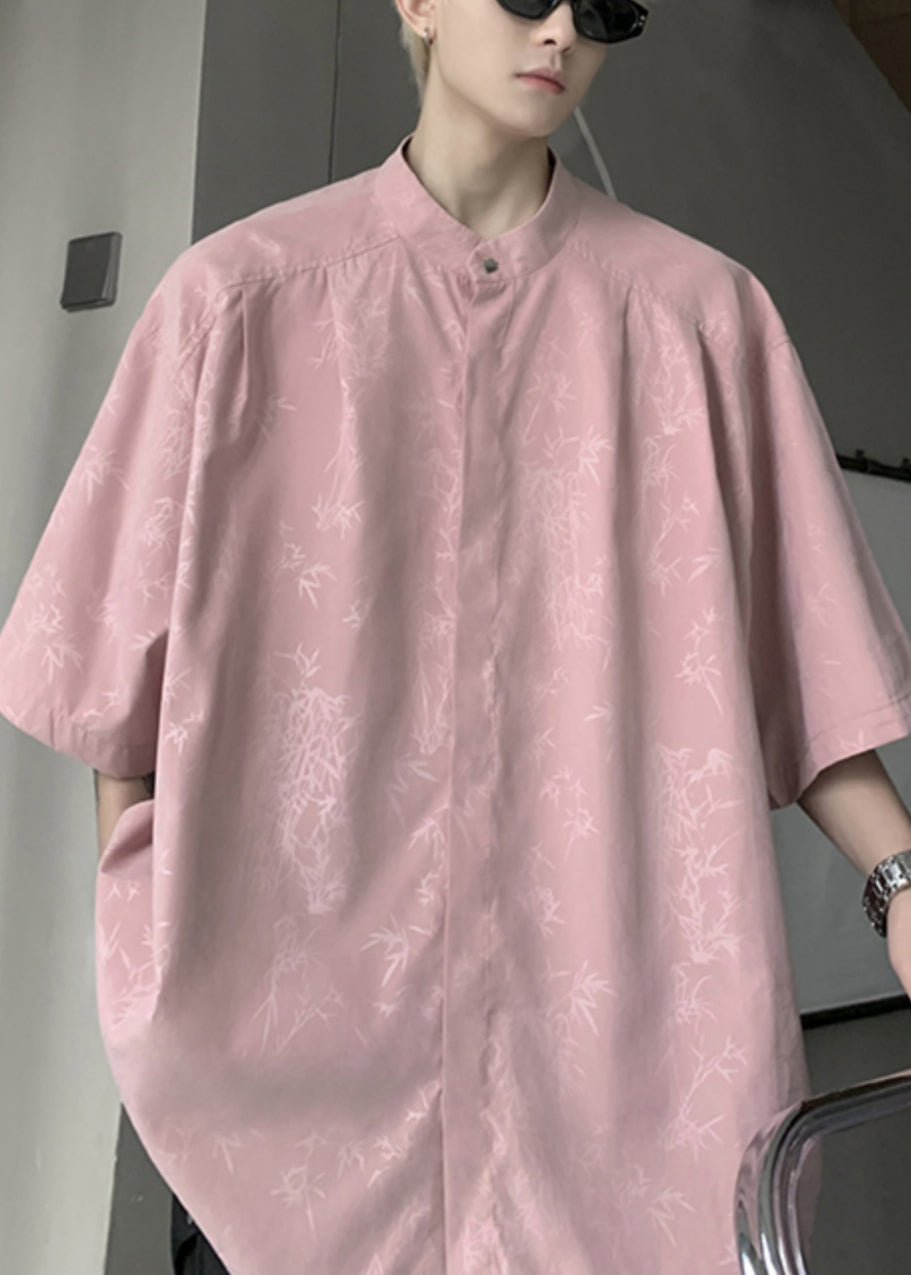 Cooles rosa Button-Print Ice Silk Herrenhemden Halbarm YT083