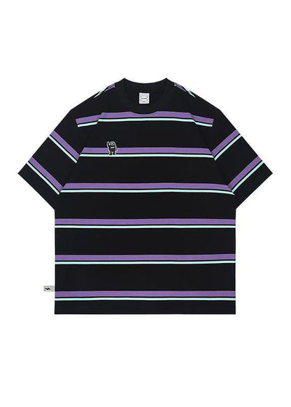 T-shirt oversize en coton rayé violet à col rond pour homme, été QH002