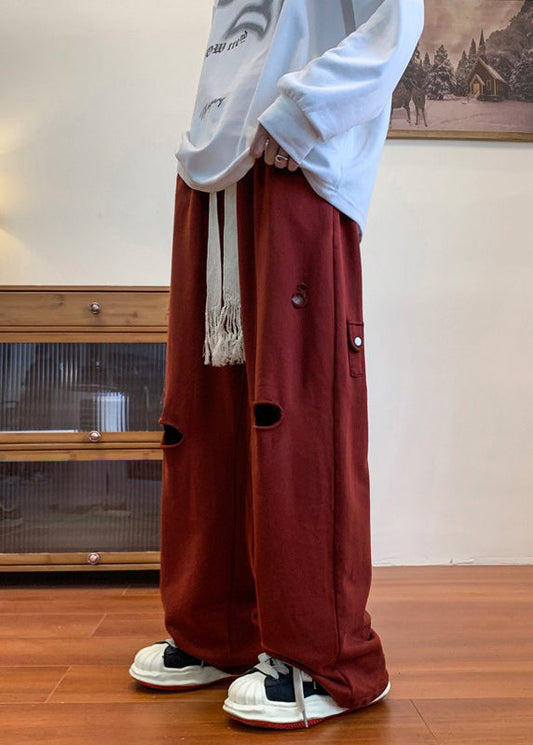Pantalon long rouge déchiré pour homme, surdimensionné et creux, idéal pour le printemps