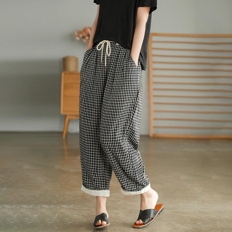 Cotton Linen Plaid Drawstring Pocket Casual Pants OP1023