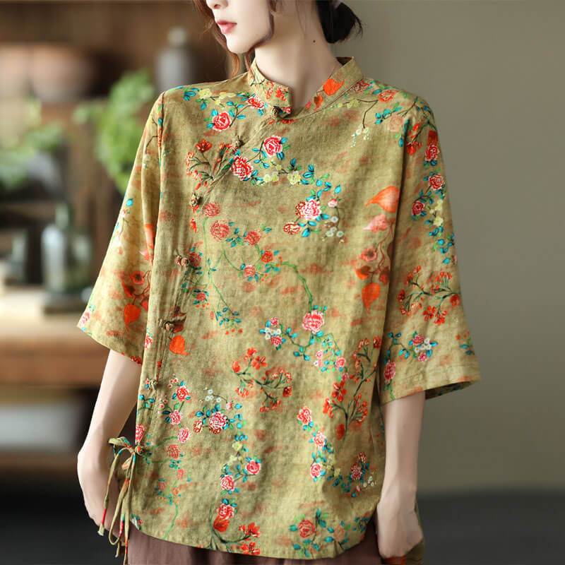 Cotton Linen Women Casual Floral Irregular Vintage Shirt OP1015