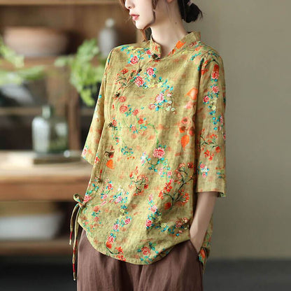 Cotton Linen Women Casual Floral Irregular Vintage Shirt OP1015