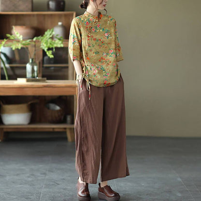 Cotton Linen Women Casual Floral Irregular Vintage Shirt OP1015