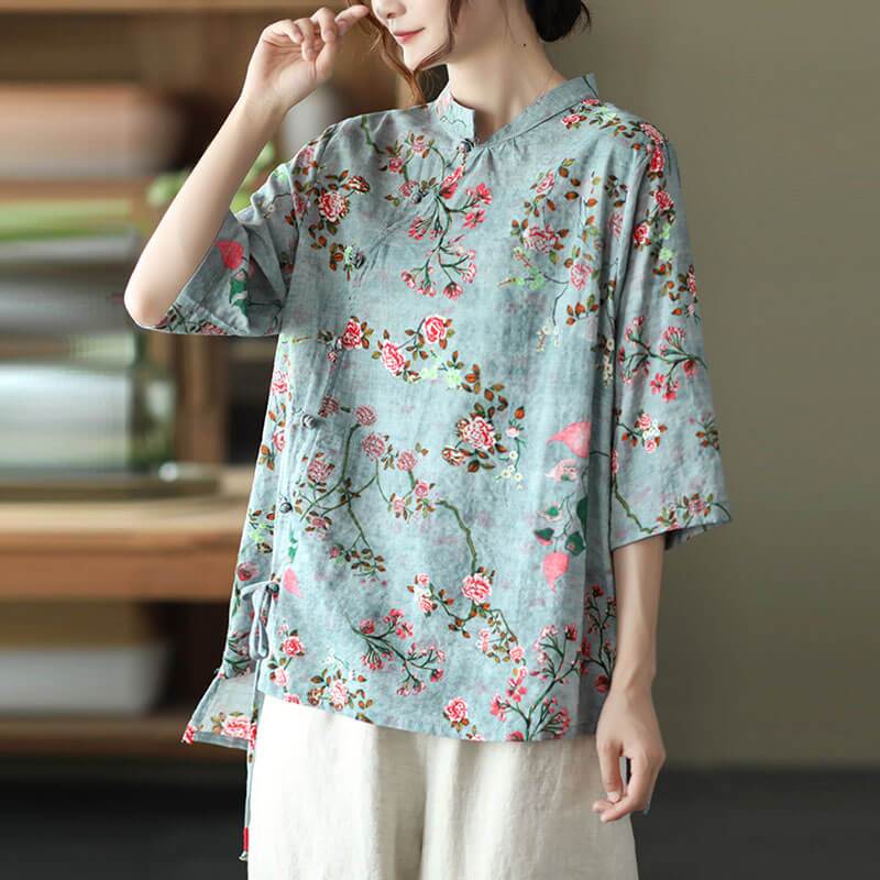 Cotton Linen Women Casual Floral Irregular Vintage Shirt OP1015