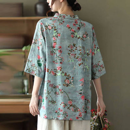Cotton Linen Women Casual Floral Irregular Vintage Shirt OP1015