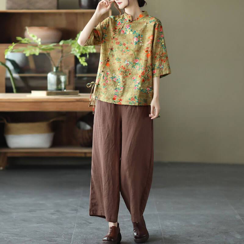 Cotton Linen Women Casual Floral Irregular Vintage Shirt OP1015