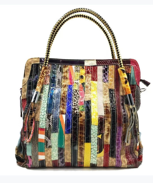 Cowhide Snake Striped Patchwork Durable Tote Handbag GG086