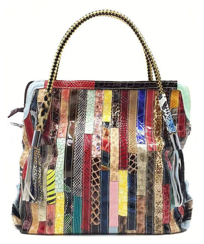 Sac à main fourre-tout durable en cuir de vachette à rayures et patchwork GG086