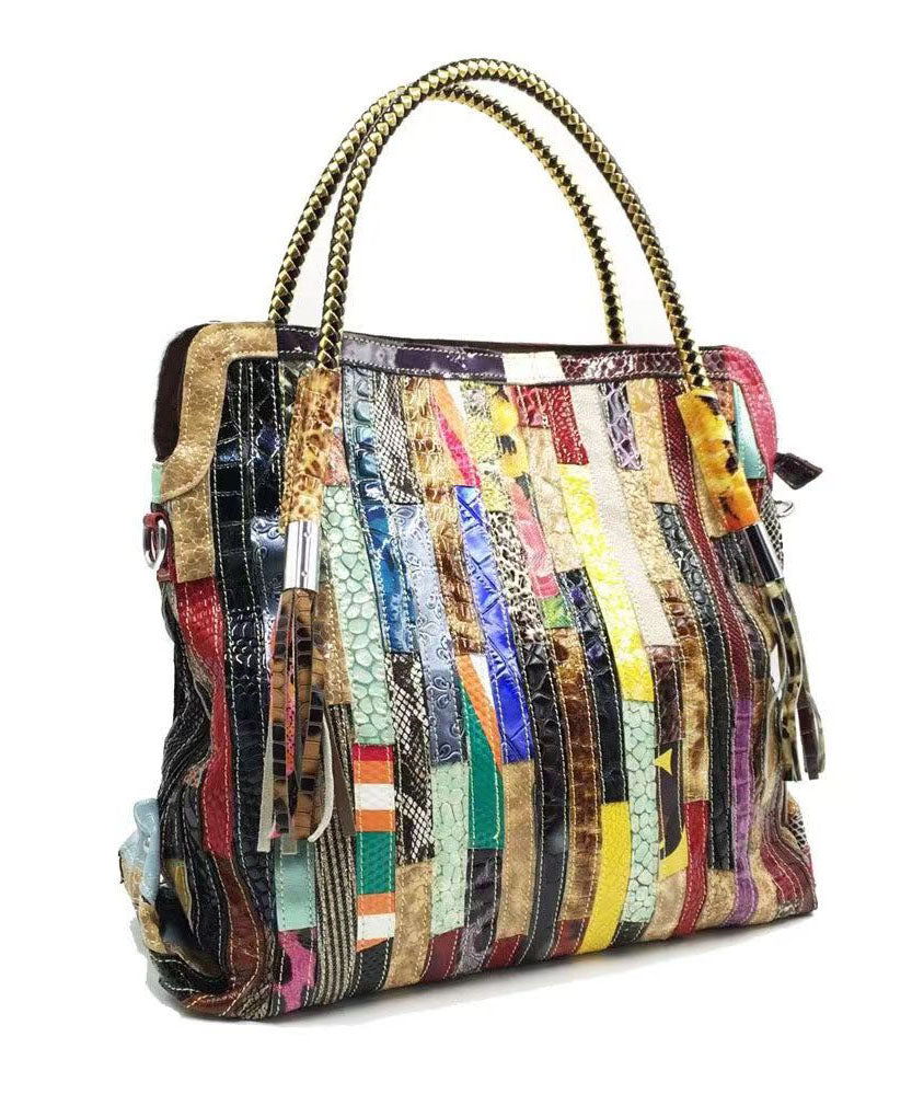 Cowhide Snake Striped Patchwork Durable Tote Handbag GG086