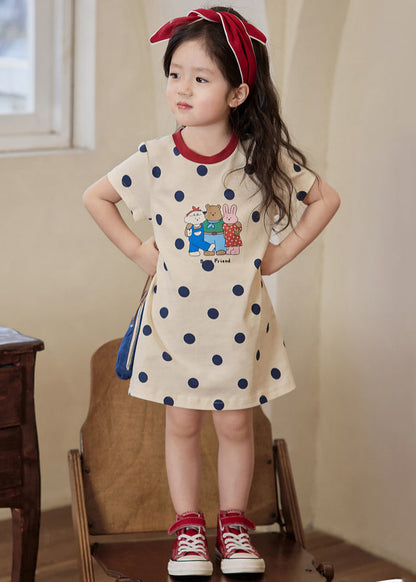 Robe T-shirt d'été confortable en coton imprimé abricot à col rond pour fille TT011