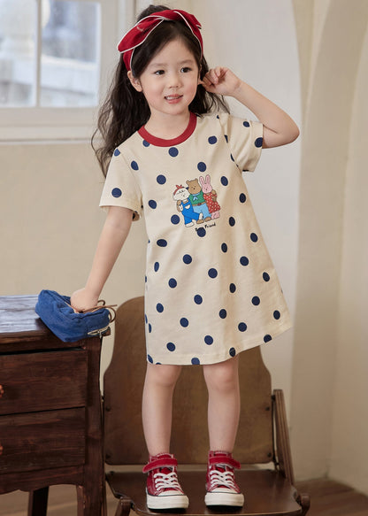 Robe T-shirt d'été confortable en coton imprimé abricot à col rond pour fille TT011