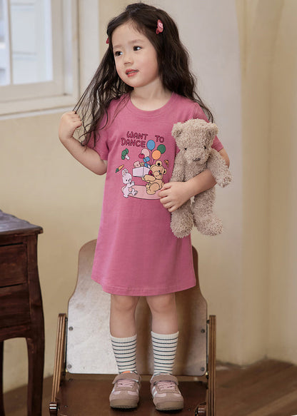 Robe T-shirt d'été confortable en coton imprimé abricot à col rond pour fille TT011