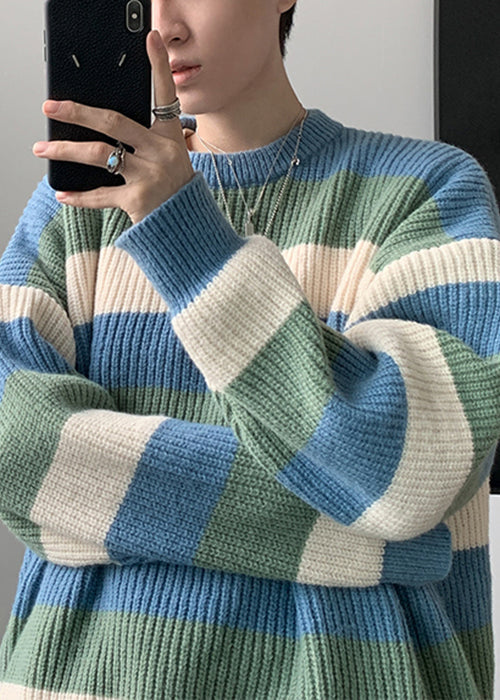 Cozy Green O Neck Striped Knit Sweater Men Fall QH028