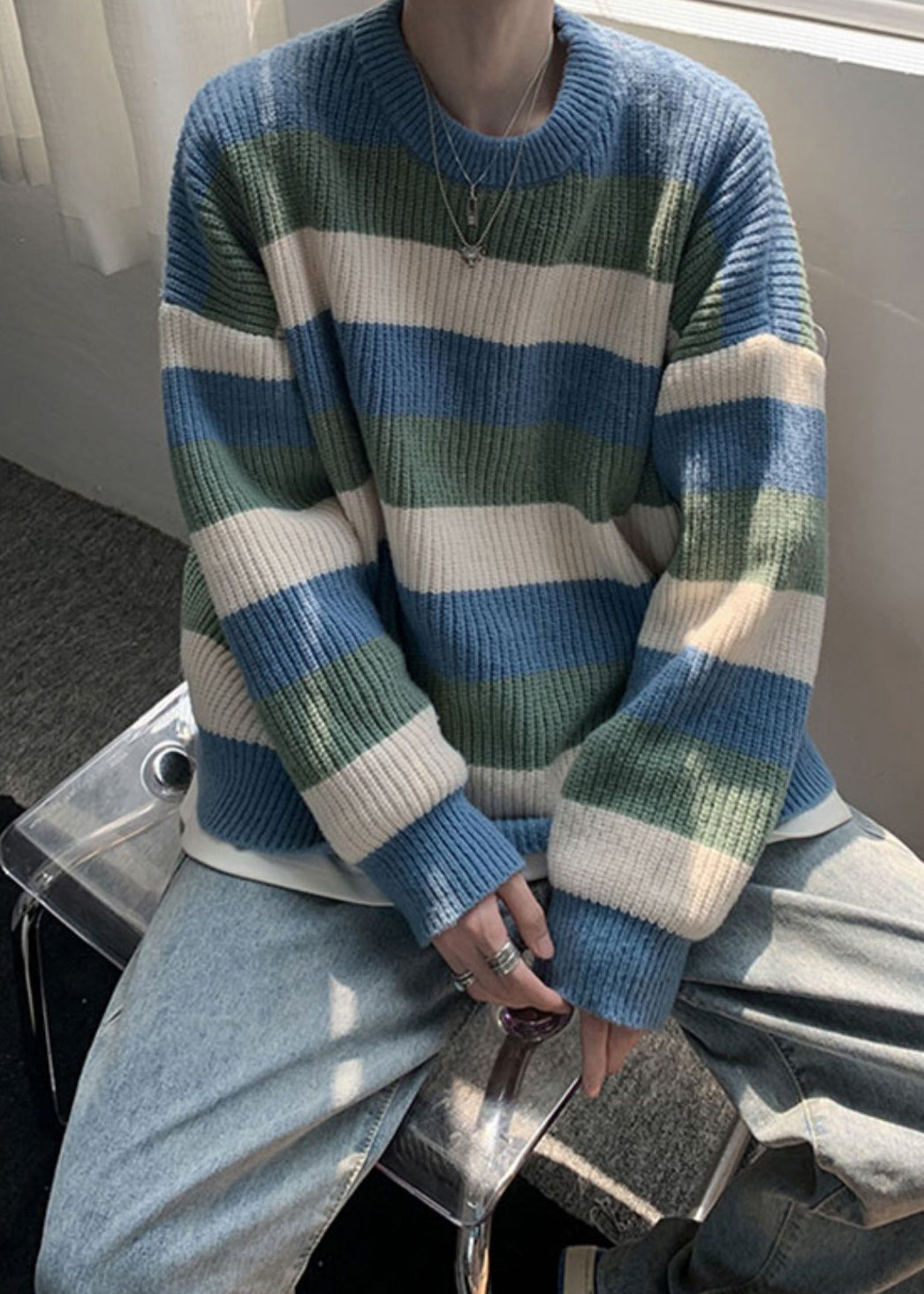 Cozy Green O Neck Striped Knit Sweater Men Fall QH028