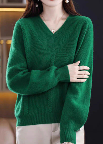 Pull en tricot uni à col en V vert confortable Automne QI002