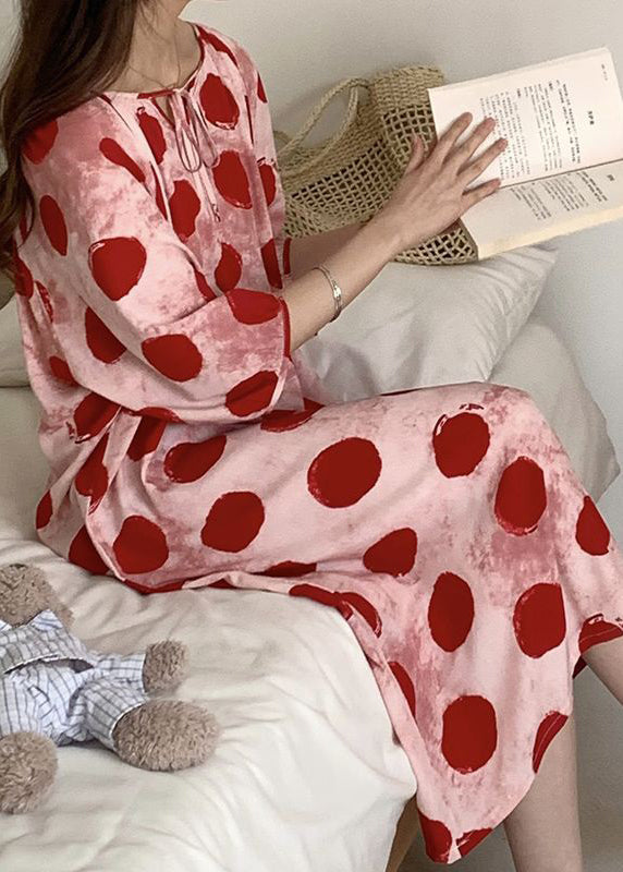 Cozy Pink Lace Up Print Cotton Pajamas Dresses Half Sleeve XX070