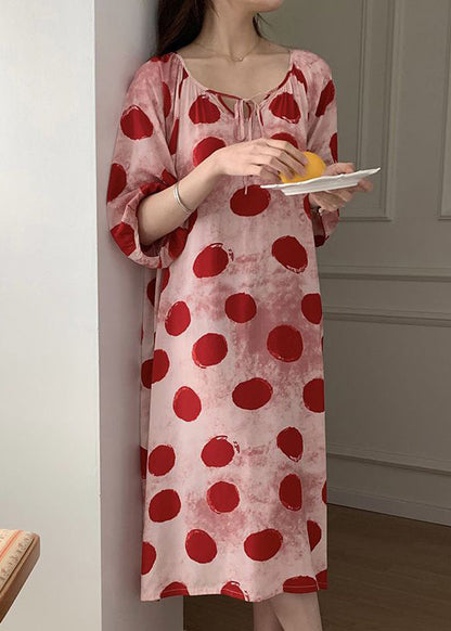 Robe pyjama en coton rose à imprimé à lacets et manches mi-longues XX070