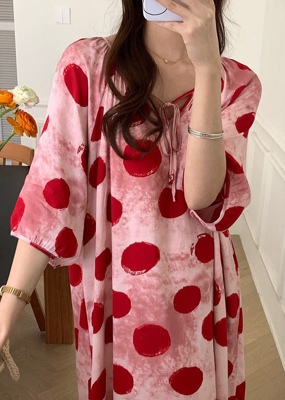 Cozy Pink Lace Up Print Cotton Pajamas Dresses Half Sleeve XX070