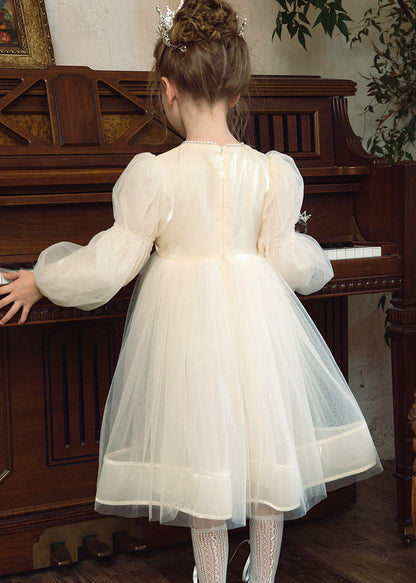 Robe longue en tulle patchwork brodée abricot pour fille Automne QV014