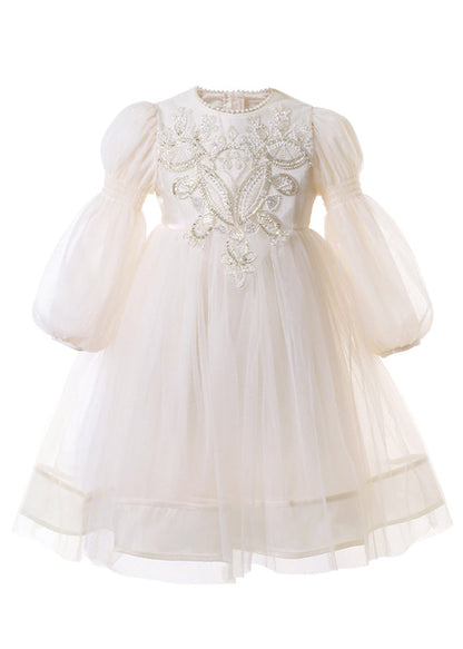 Robe longue en tulle patchwork brodée abricot pour fille Automne QV014