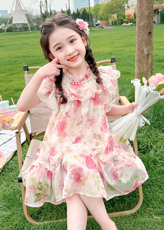 Süßes Apricot Stehkragen Print Tüll Mädchen Midi Kleid Sommer XZ047