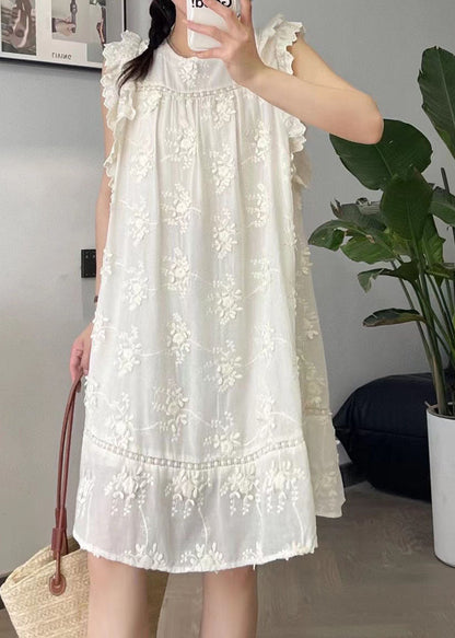 Jolie robe mi-longue en coton et soie brodée à fleurs beige à col rond pour l'été BV024