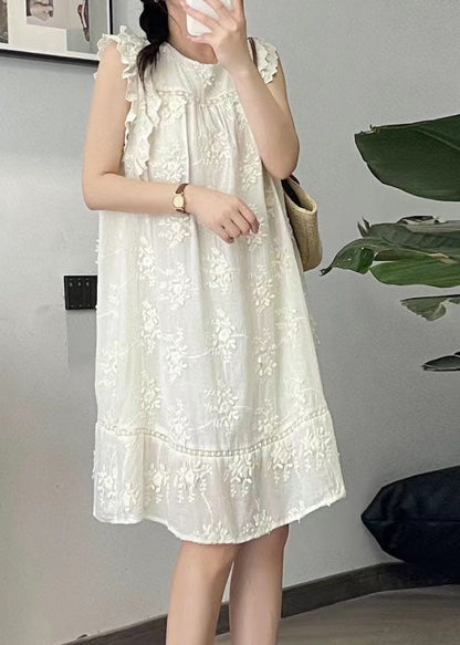 Jolie robe mi-longue en coton et soie brodée à fleurs beige à col rond pour l'été BV024