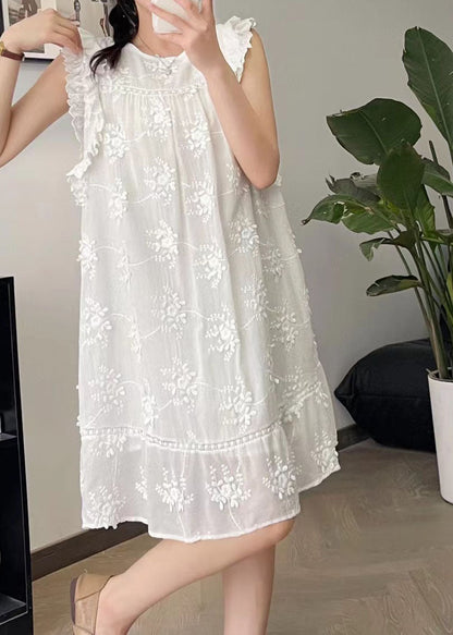 Jolie robe mi-longue en coton et soie brodée à fleurs beige à col rond pour l'été BV024