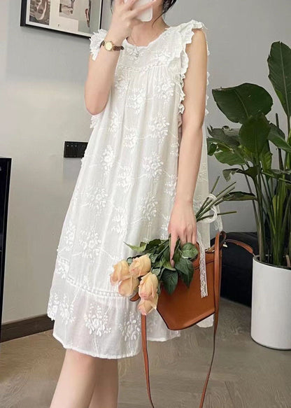 Jolie robe mi-longue en coton et soie brodée à fleurs beige à col rond pour l'été BV024