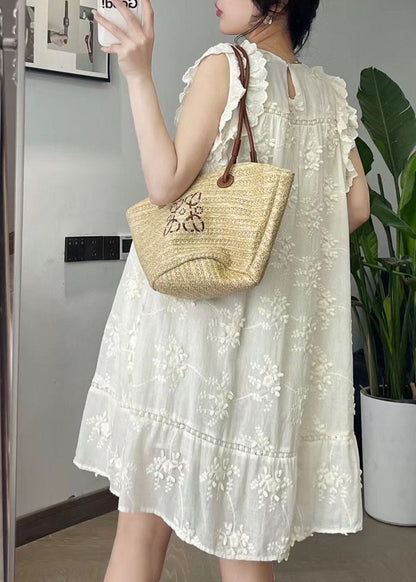 Jolie robe mi-longue en coton et soie brodée à fleurs beige à col rond pour l'été BV024