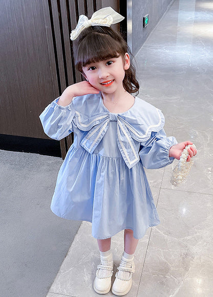 Robe mignonne en coton uni à col Peter Pan bleu pour filles, manches longues XZ016