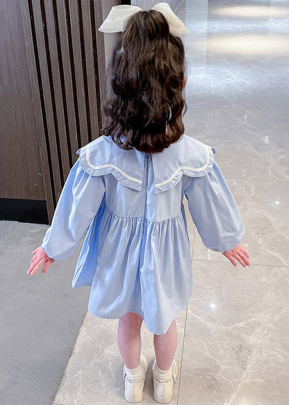 Robe mignonne en coton uni à col Peter Pan bleu pour filles, manches longues XZ016