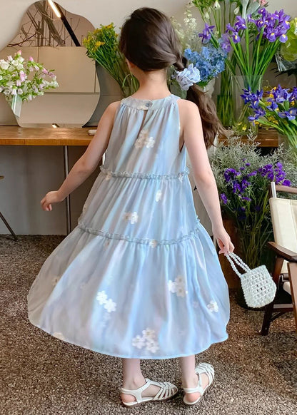 Jolie robe bleue à volants et boutons en mousseline de soie pour fille sans manches EW059