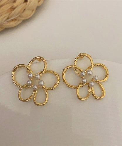 Boucles d'oreilles à tige creuses en forme de fleur avec perles dorées et cuivre ZZ058