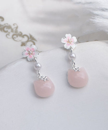 Boucles d'oreilles pendantes en forme de petit chat Sakura en alliage d'argent sterling doré QU045