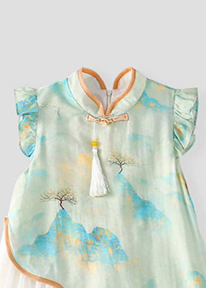 Robe longue en mousseline de soie à col montant vert mignon pour enfants, patchwork, manches courtes, MN001