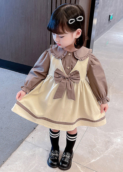 Ensemble deux pièces en coton pour fille avec chemise et robe à nœud kaki mignon automne XZ066