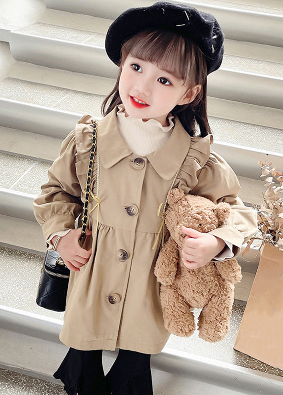 Cute Khaki Peter Pan Collar Wrinkled Button Girls Trench Coat Fall QV039