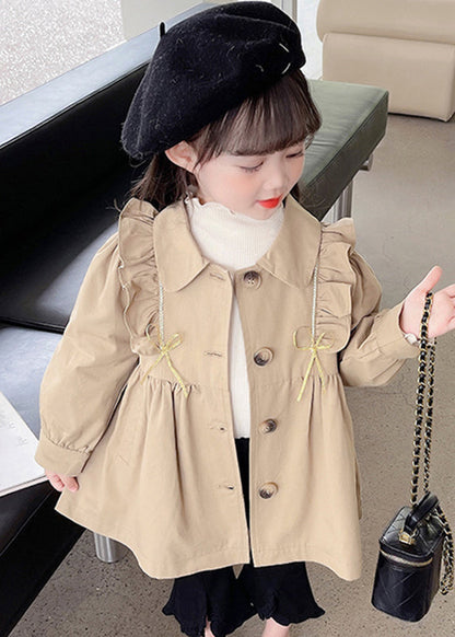 Joli trench-coat kaki à col Peter Pan et boutons froissés pour filles Automne QV039