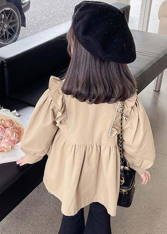 Cute Khaki Peter Pan Collar Wrinkled Button Girls Trench Coat Fall QV039